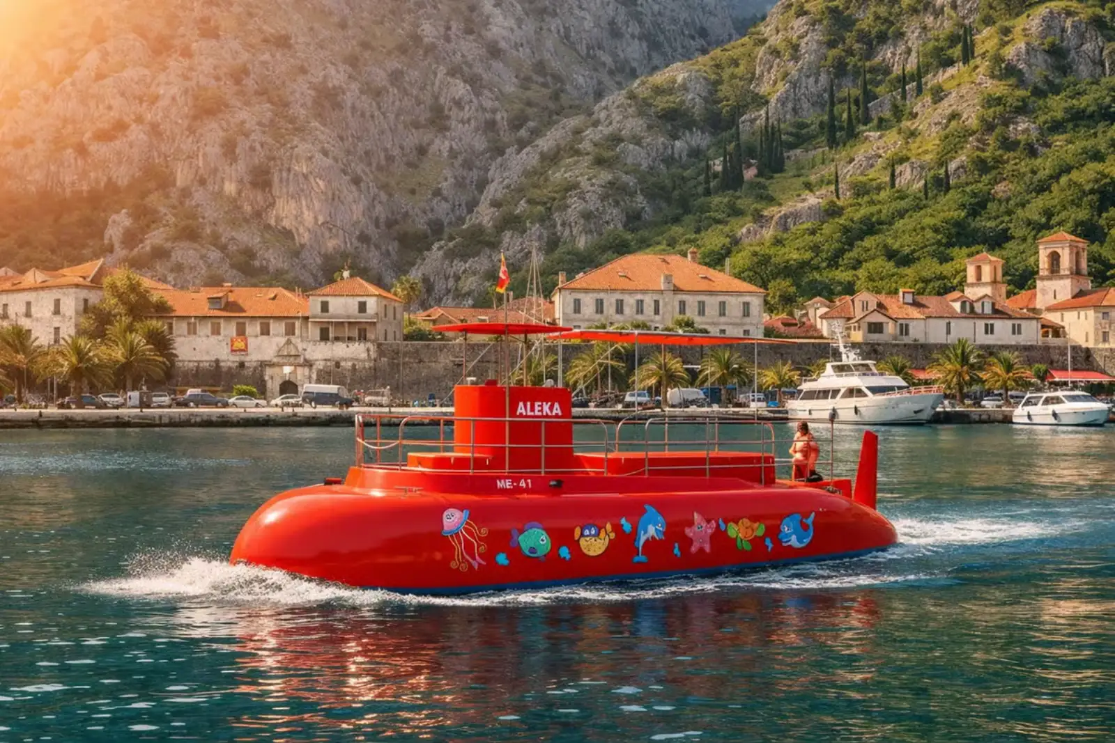 Red semi-submarine vessel docked at Kotor City Park pier Red semi-submarine vessel docked at Kotor City Park pier